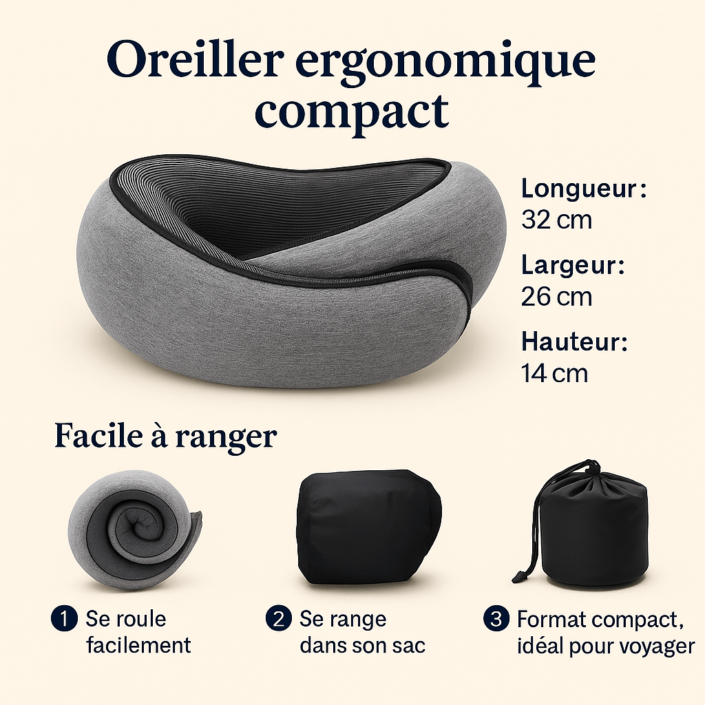 Oreiller de Voyage à Mémoire de Forme 360° | Noctiora™ - Noctiora