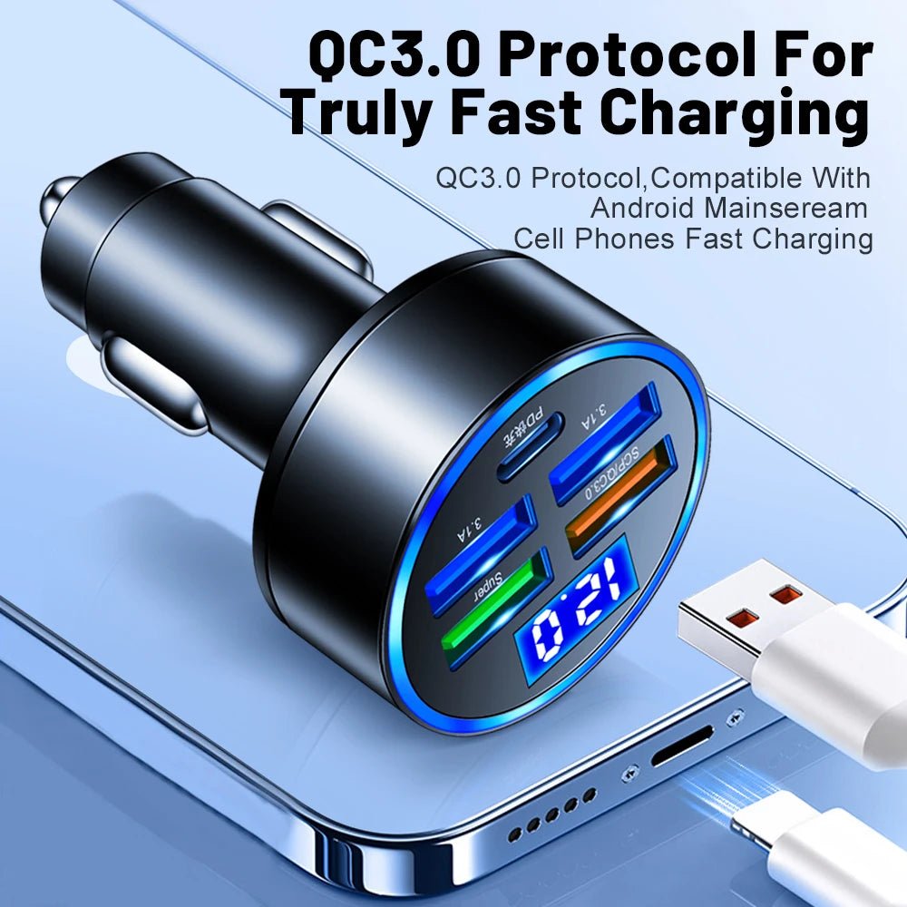 Chargeur Voiture 150W 5 en 1 – USB - C PD & QC3.0 – Charge Rapide Allume - Cigare Noctiora™ – confort, ergonomie et sommeil réparateur