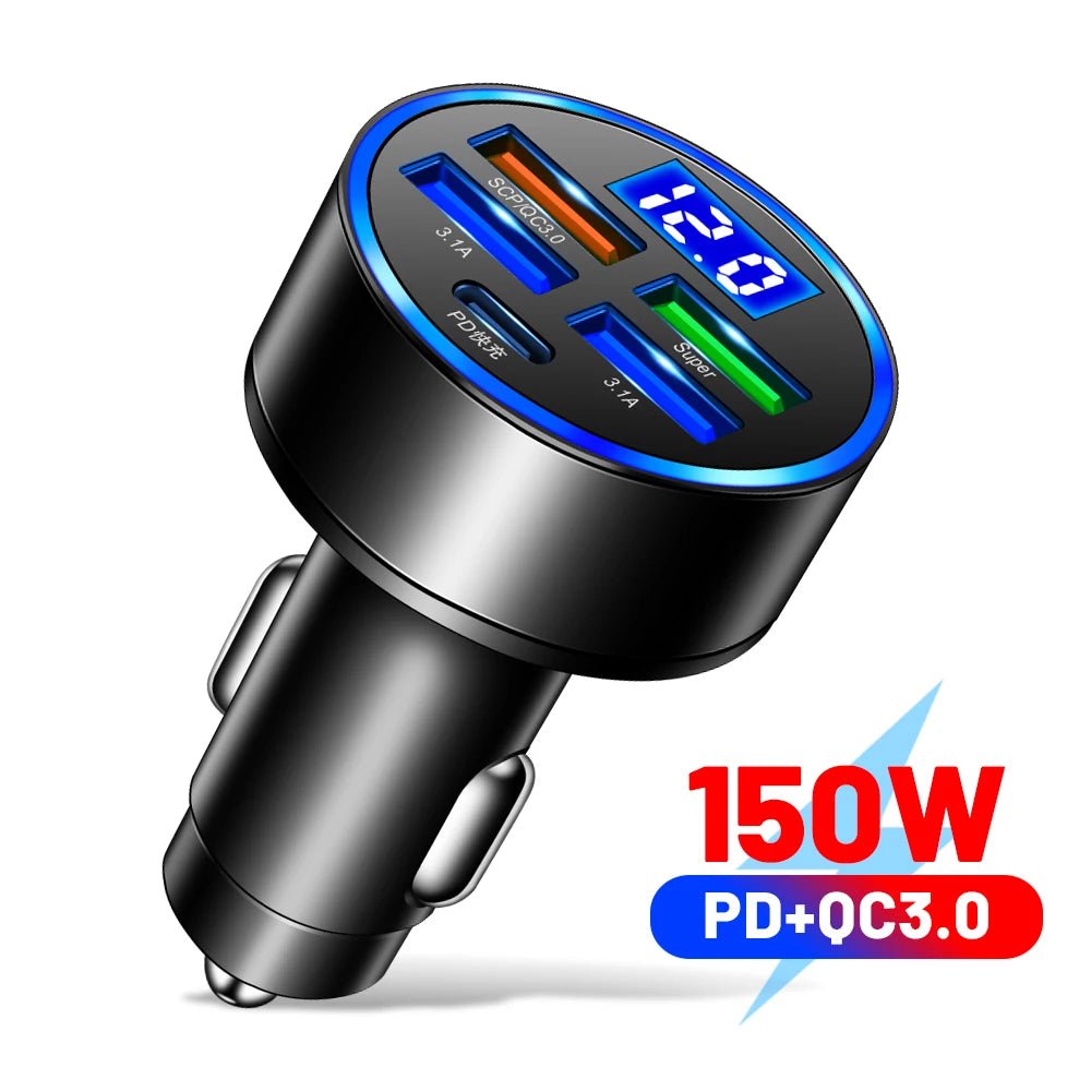 Chargeur Voiture 150W 5 en 1 – USB - C PD & QC3.0 – Charge Rapide Allume - Cigare Noctiora™ – confort, ergonomie et sommeil réparateur