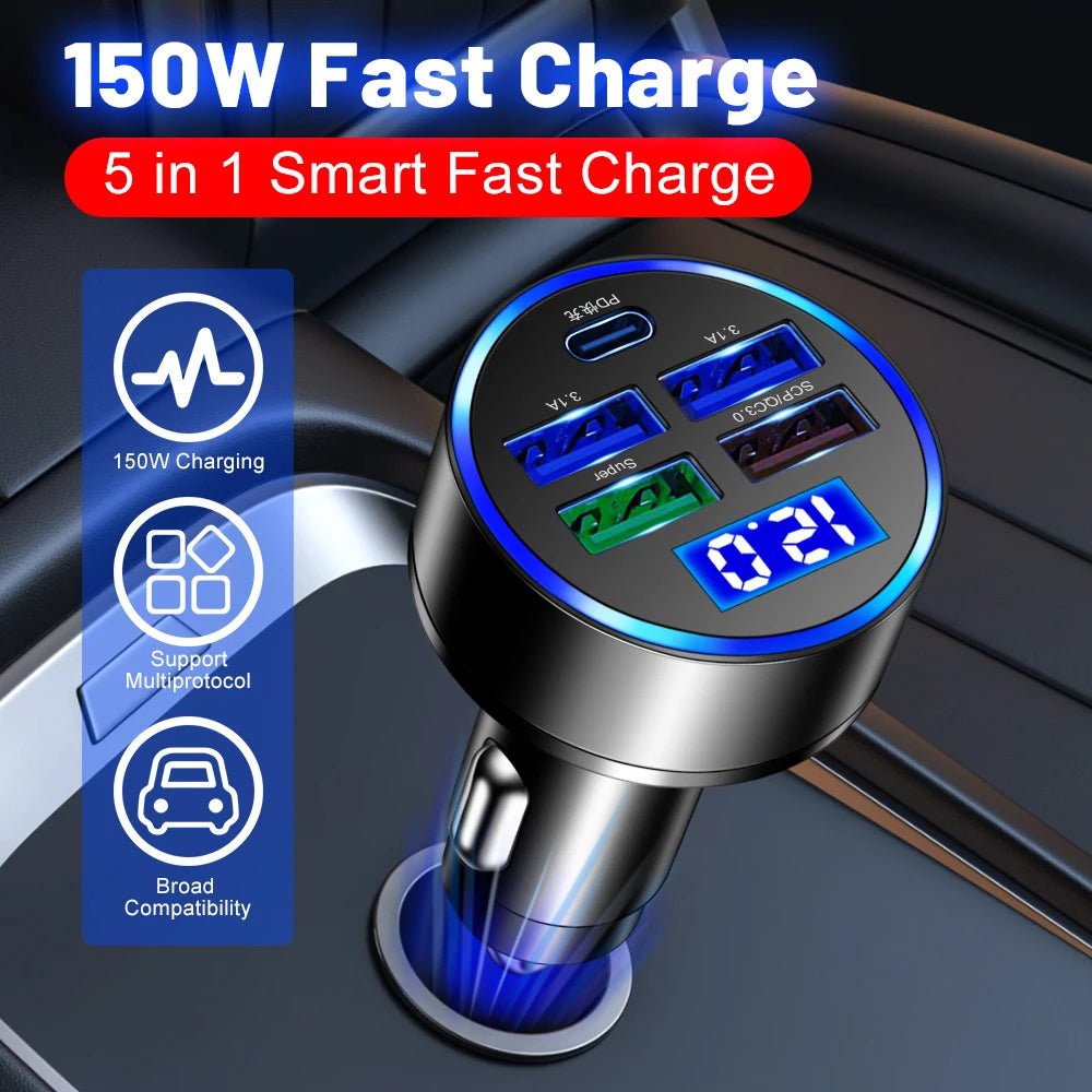 Chargeur Voiture 150W 5 en 1 – USB - C PD & QC3.0 – Charge Rapide Allume - Cigare Noctiora™ – confort, ergonomie et sommeil réparateur