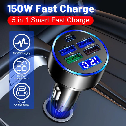 Chargeur Voiture 150W 5 en 1 – USB - C PD & QC3.0 – Charge Rapide Allume - Cigare Noctiora™ – confort, ergonomie et sommeil réparateur